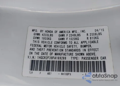 2015 Honda Accord Lx from USA, damaged, VIN 1HGCR2F39FA169289